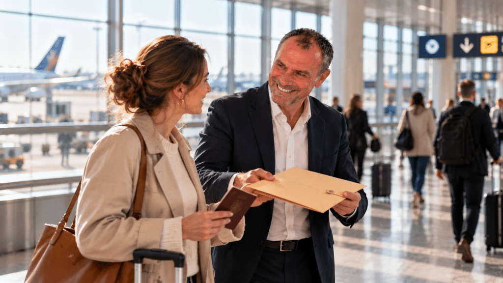 Hervé Thébault, traducteur, remettant une enveloppe de documents à une voyageuse dans un aéroport