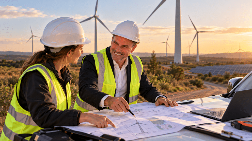 Expert-traducteur et ingénieure en casque et gilet étudiant des plans techniques devant un parc éolien et des panneaux solaires